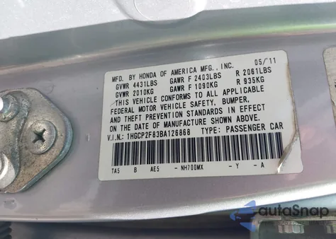 2011 Honda Accord 2.4 Ex-L z USA, uszkodzony, nr VIN 1HGCP2F83BA126868